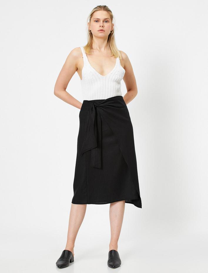  Normal Bel Beli Bağlamalı Midi Etek Keten Karışımlı