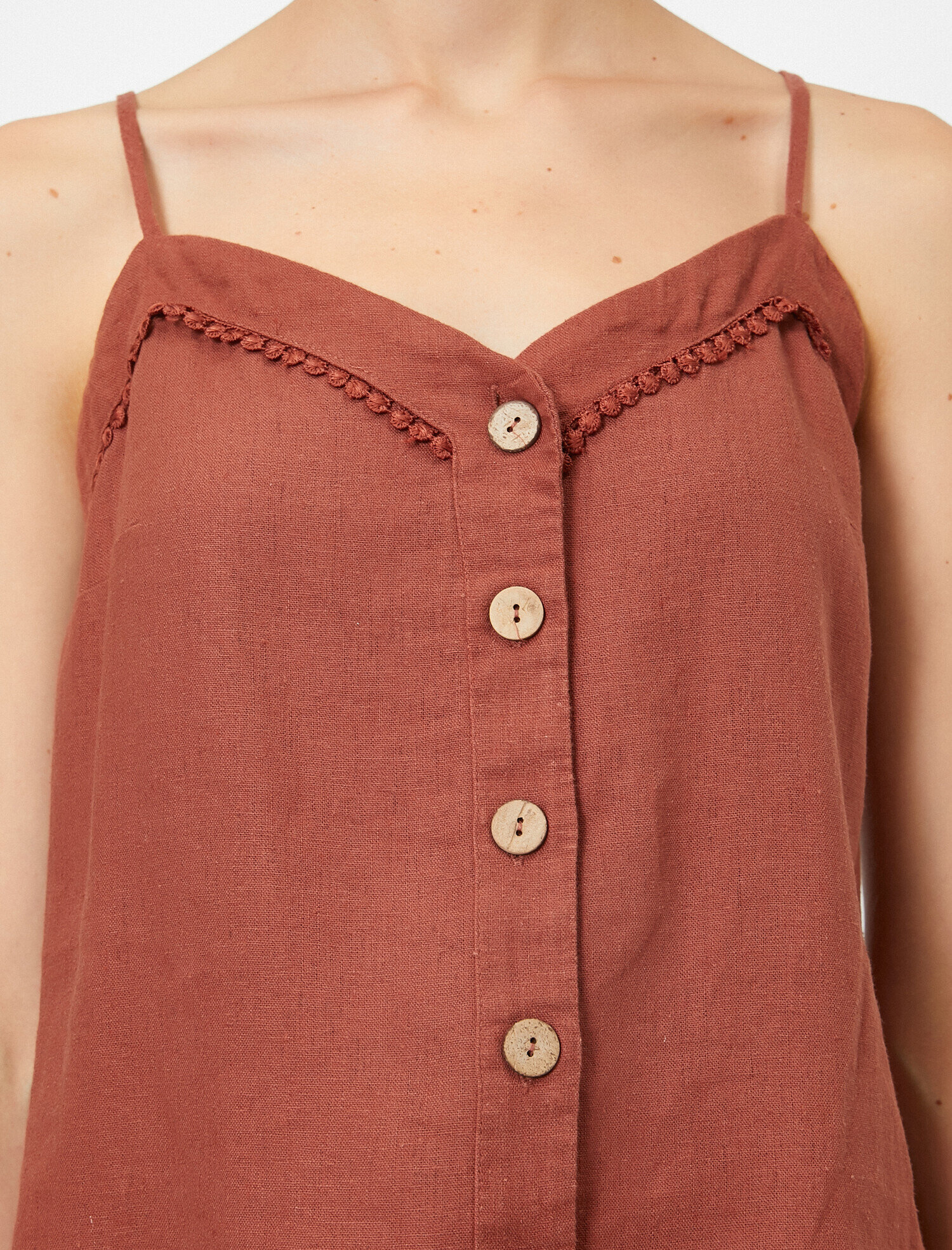   İp Askılı Düğme Detaylı Atlet Keten Karışımlı