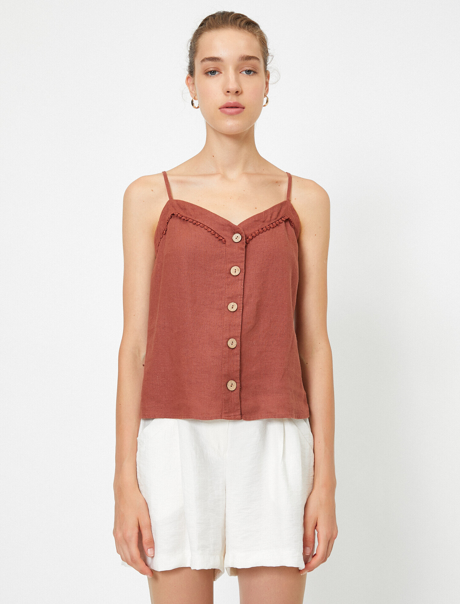   İp Askılı Düğme Detaylı Atlet Keten Karışımlı