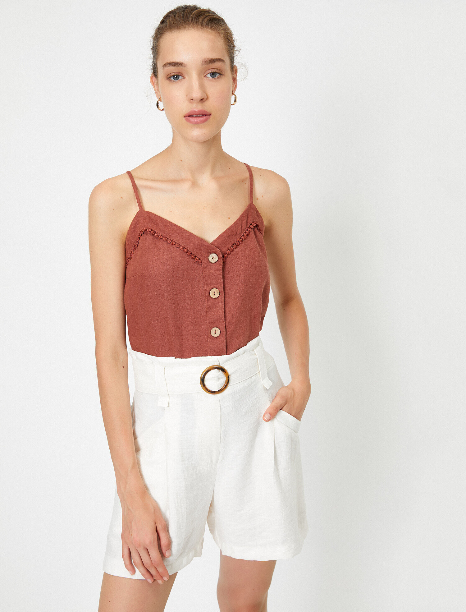   İp Askılı Düğme Detaylı Atlet Keten Karışımlı