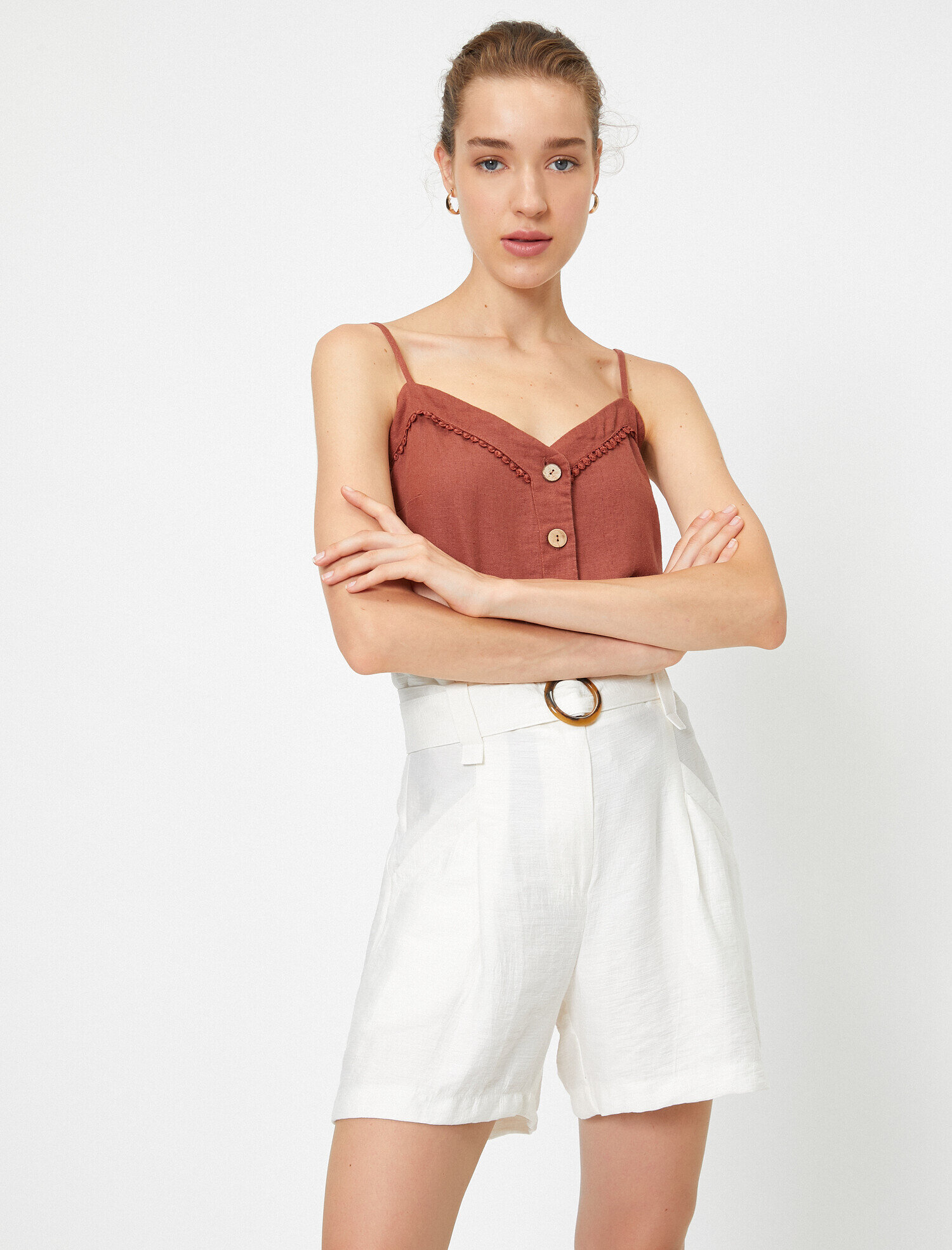   İp Askılı Düğme Detaylı Atlet Keten Karışımlı