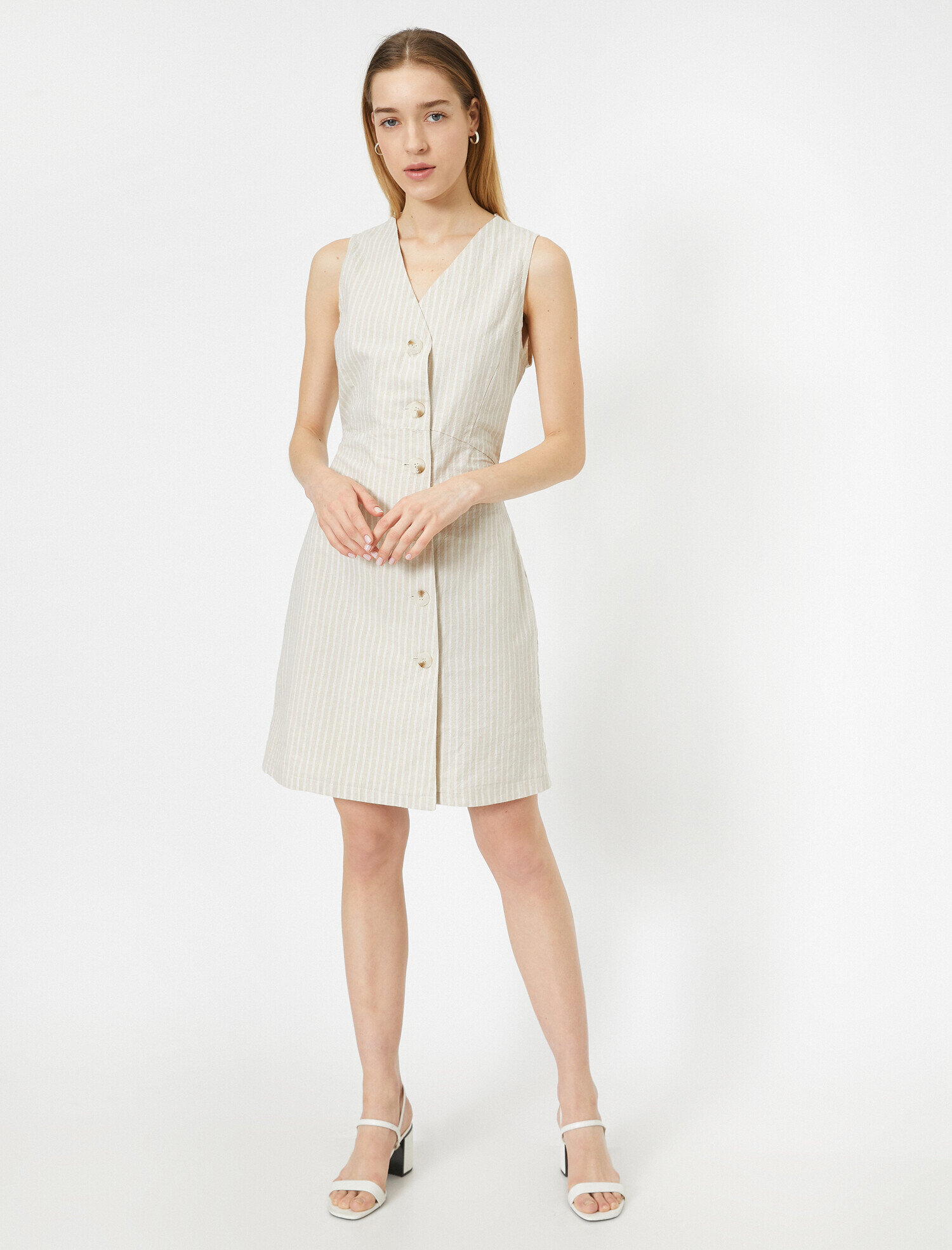   Düğme Detaylı Kolsuz Keten Karışımlı Elbise