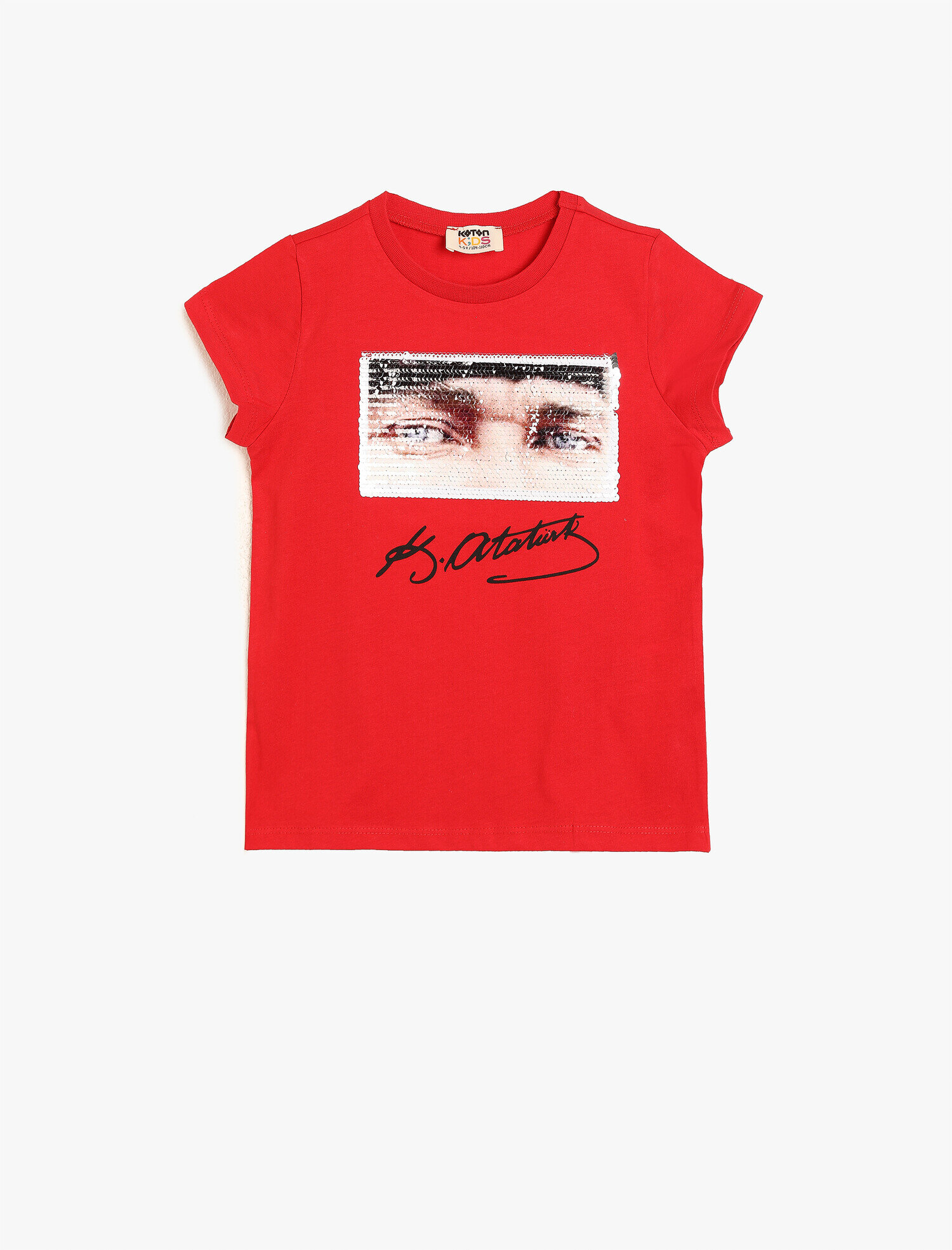  Kız Çocuk Atatürk İmzası Baskılı Pullu Bisiklet Yaka Kısa Kollu Tişört