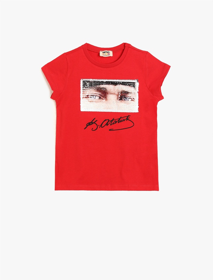 Kız Çocuk Atatürk İmzası Baskılı Pullu Bisiklet Yaka Kısa Kollu Tişört