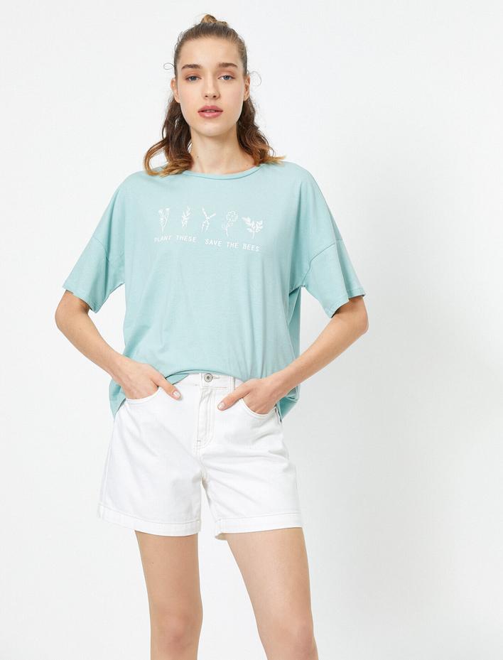  Bisiklet Yaka Kısa Kollu Yazılı Baskılı Tişört