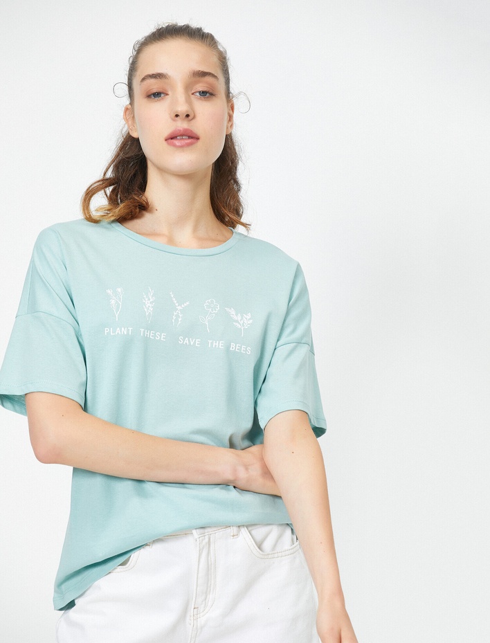  Bisiklet Yaka Kısa Kollu Yazılı Baskılı Tişört