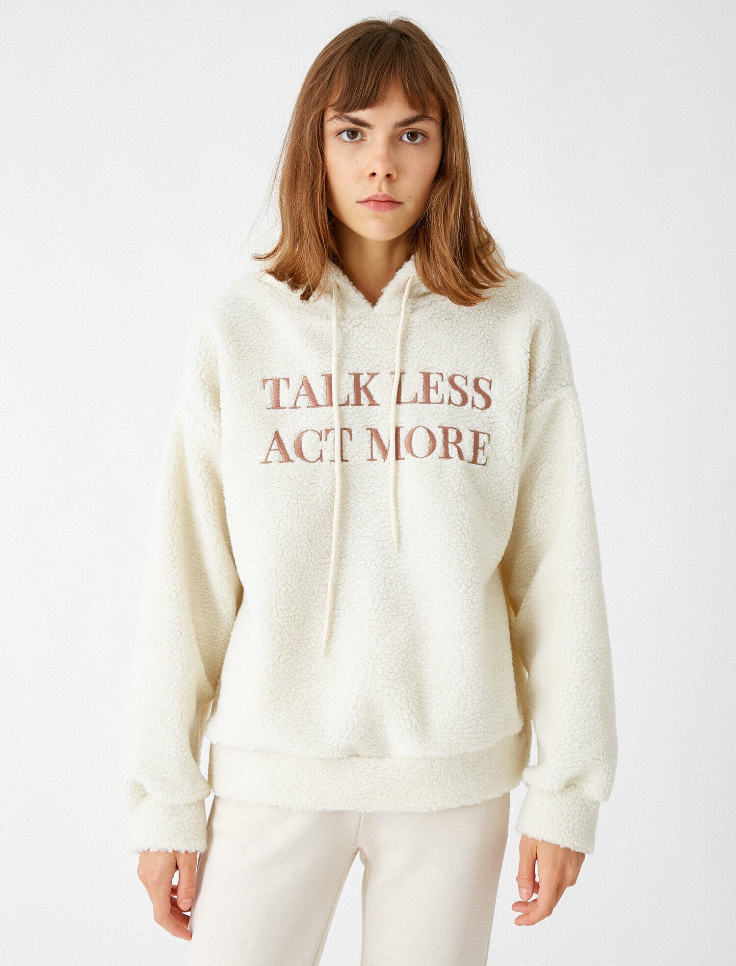 Kapüşonlu Yazılı Baskılı Peluş Sweatshirt