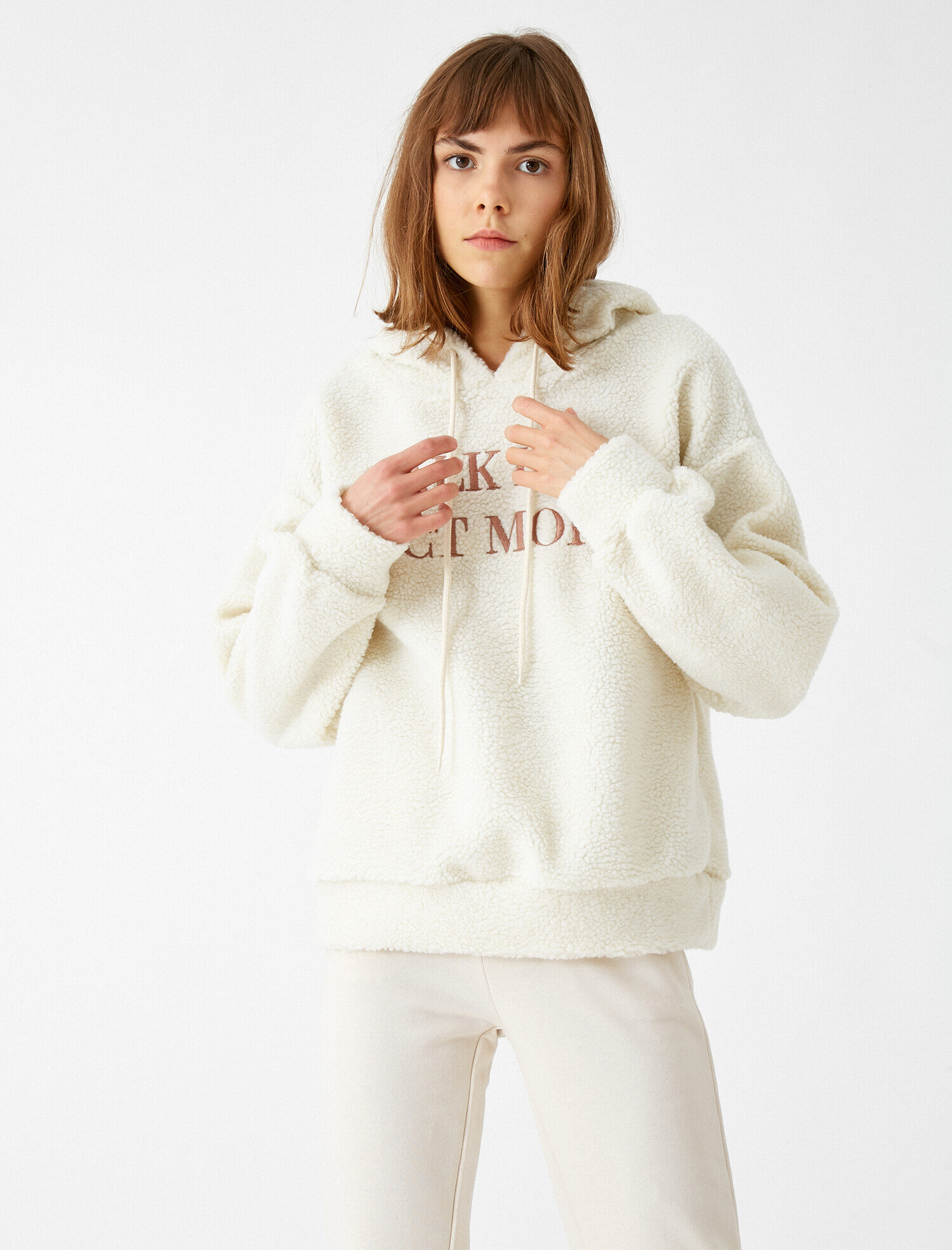 Kapüşonlu Yazılı Baskılı Peluş Sweatshirt