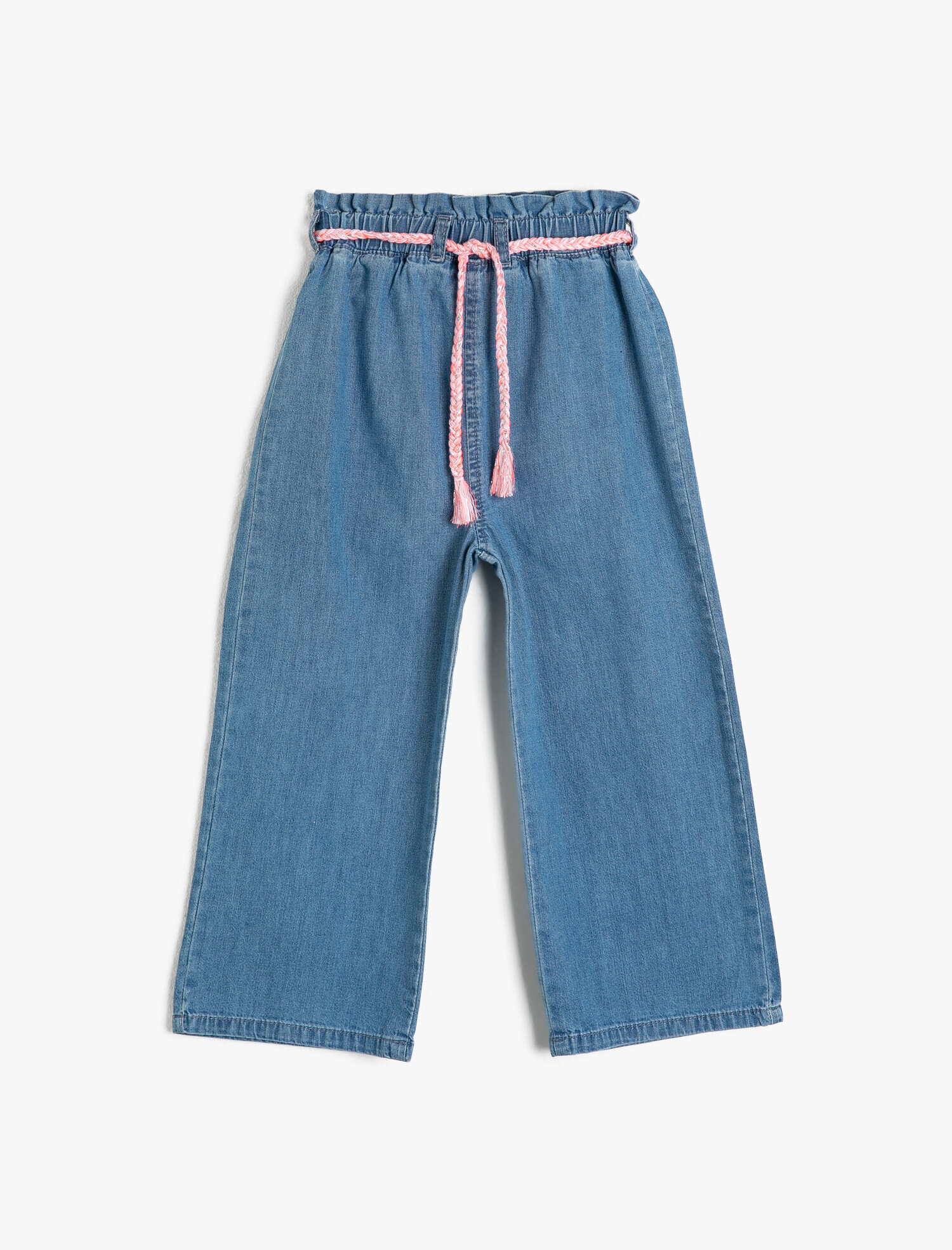 Kız Çocuk Kot Pantolon Pamuklu Beli Lastikli Kemerli Bol Paça - Wide Leg Jean