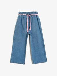 Kot Pantolon Pamuklu Beli Lastikli Kemerli Bol Paça - Wide Leg Jean