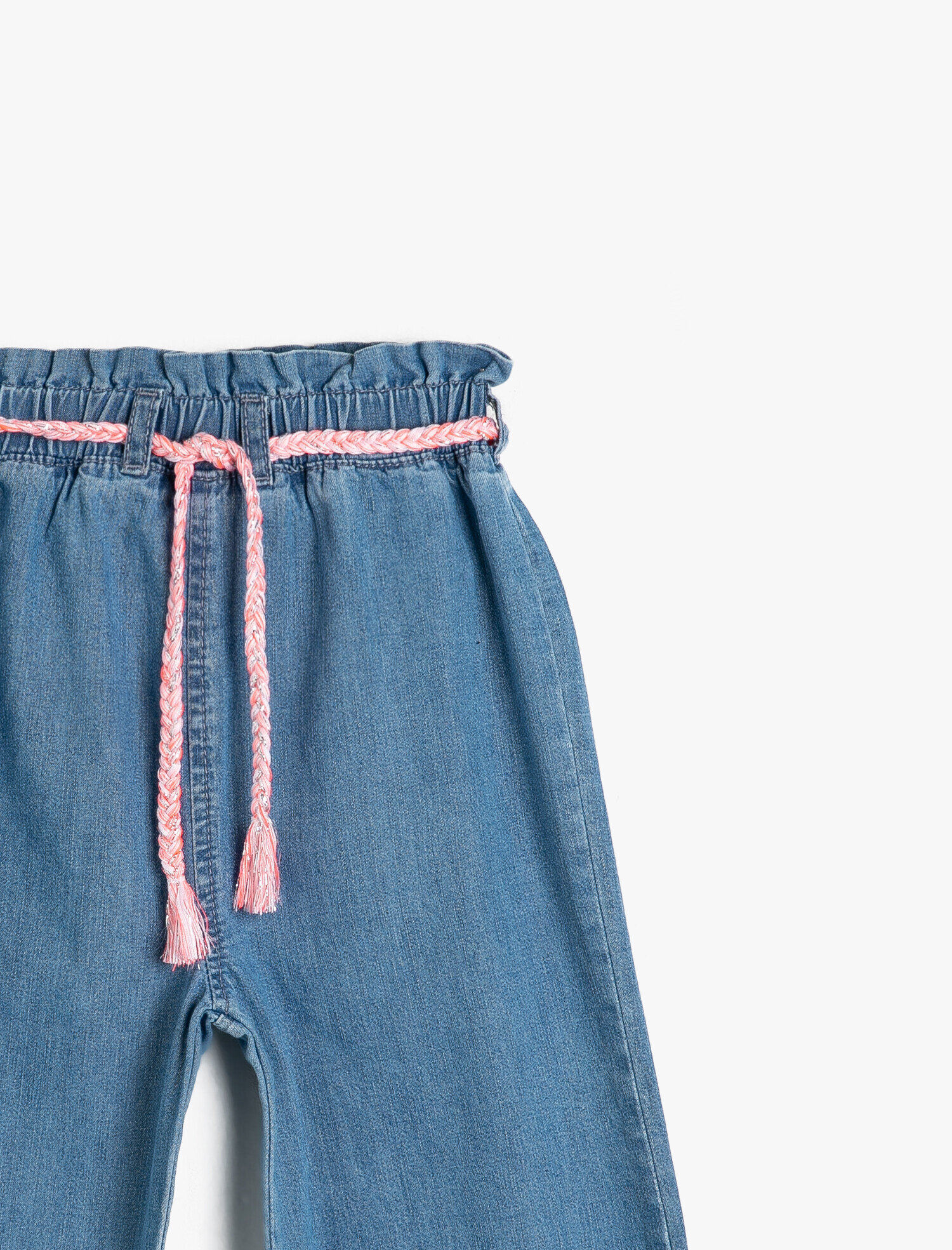  Kız Çocuk Kot Pantolon Pamuklu Beli Lastikli Kemerli Bol Paça - Wide Leg Jean