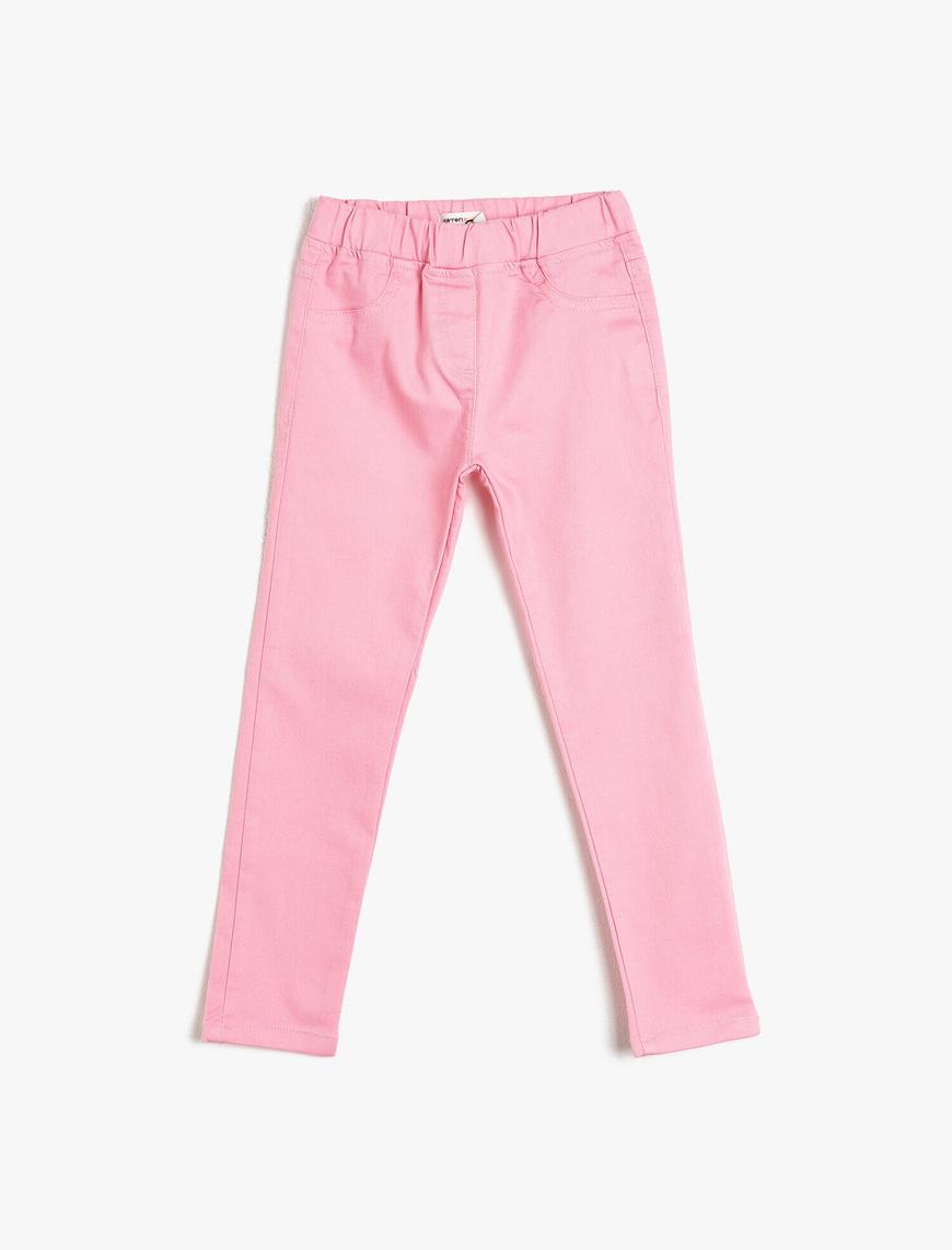  Kız Çocuk Esnek Pantolon Kumaşından Beli Lastikli Süs Cepli Normal Bel Uzun Pantolon