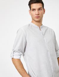Hakim Yaka Minimal Desenli Apoletli Pamuklu Casual Gömlek