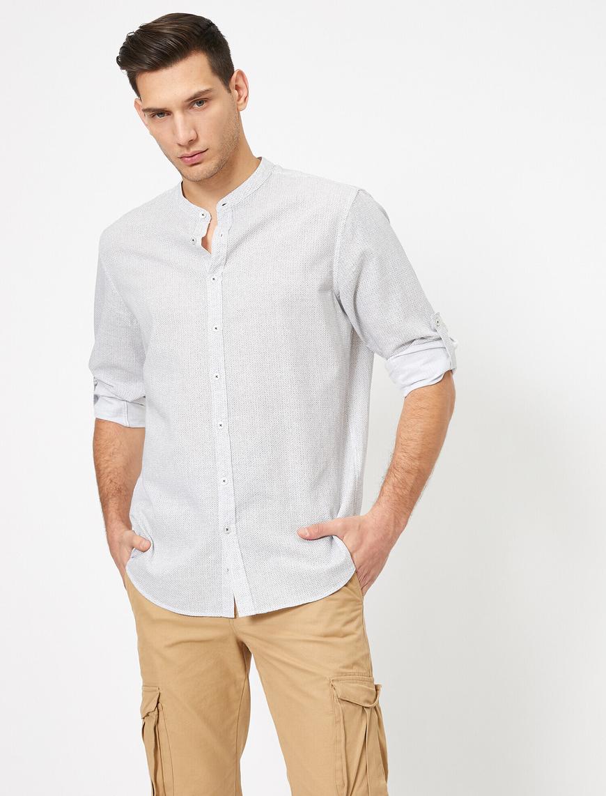   Hakim Yaka Minimal Desenli Apoletli Pamuklu Casual Gömlek