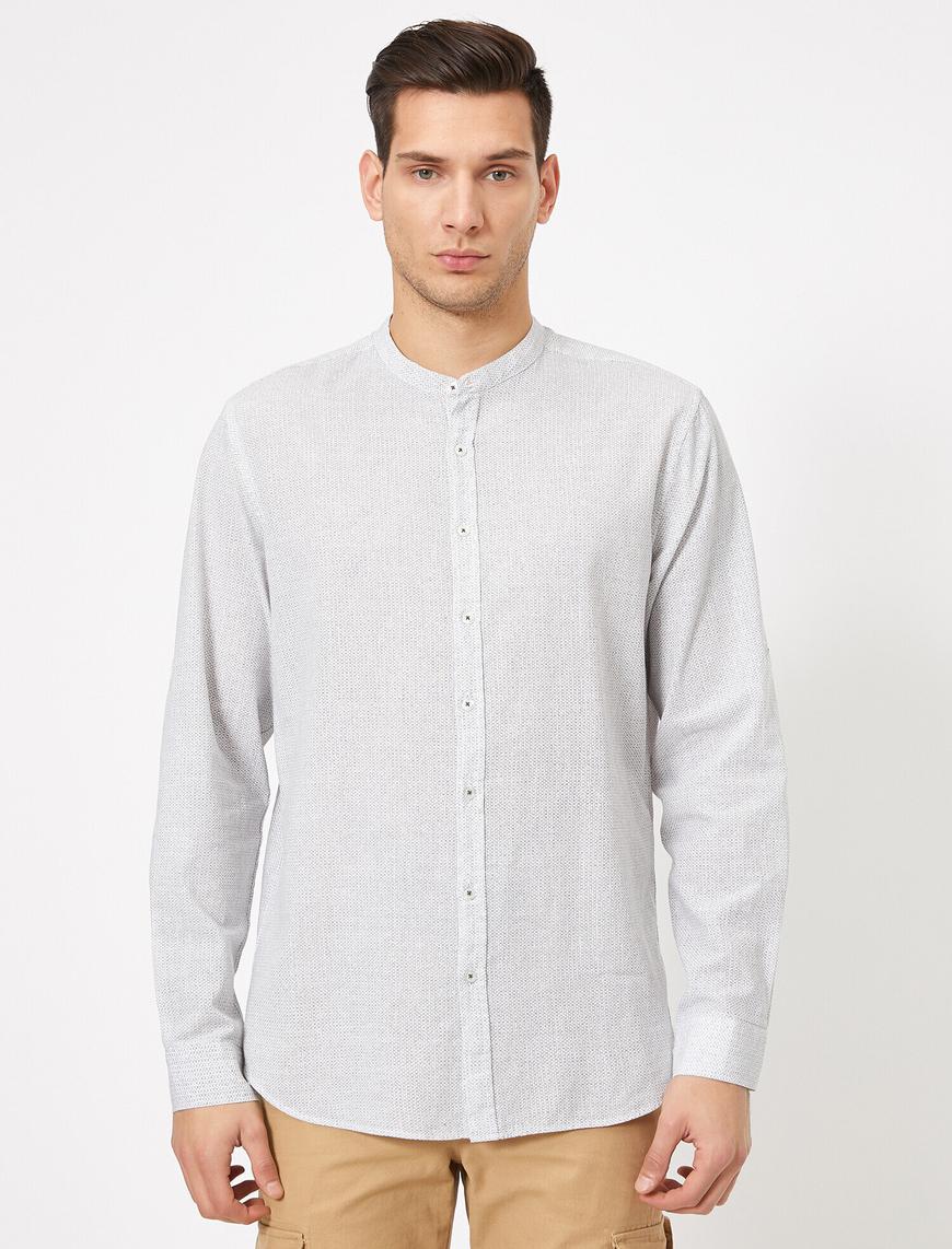   Hakim Yaka Minimal Desenli Apoletli Pamuklu Casual Gömlek