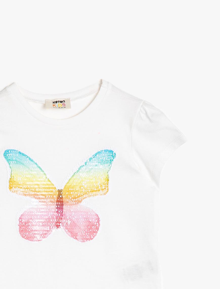  Kız Çocuk Pamuklu Yumuşak Kumaştan Çift Taraflı Pullu Motifli Kısa Kollu Tişört