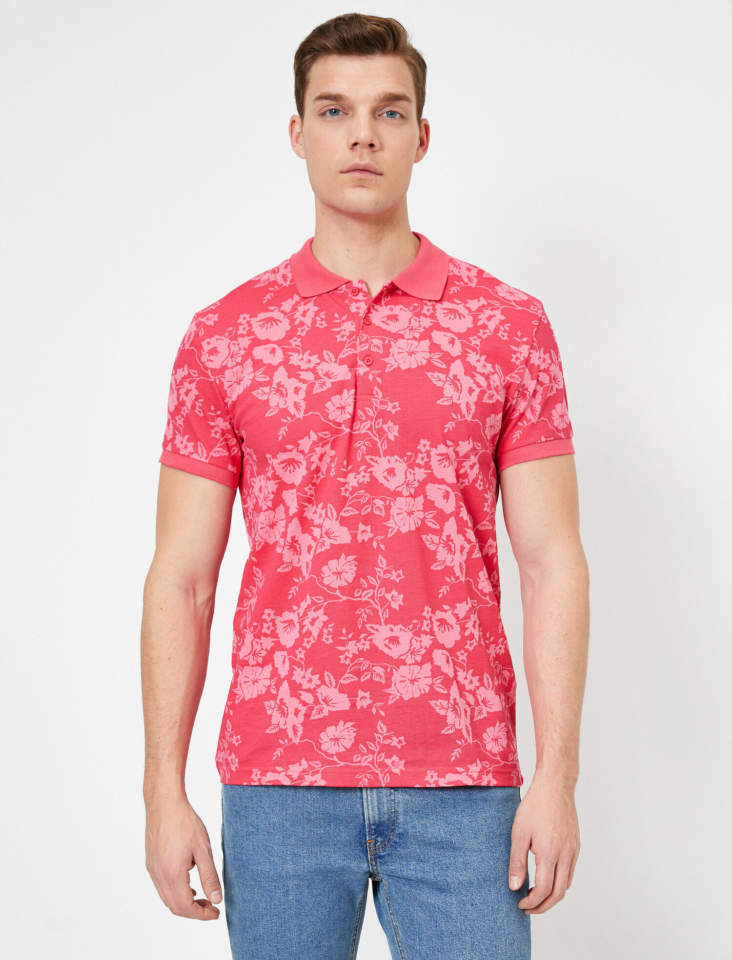   Polo Yaka Çiçek Desenli Pike Kumaş Slim Fit Tişört