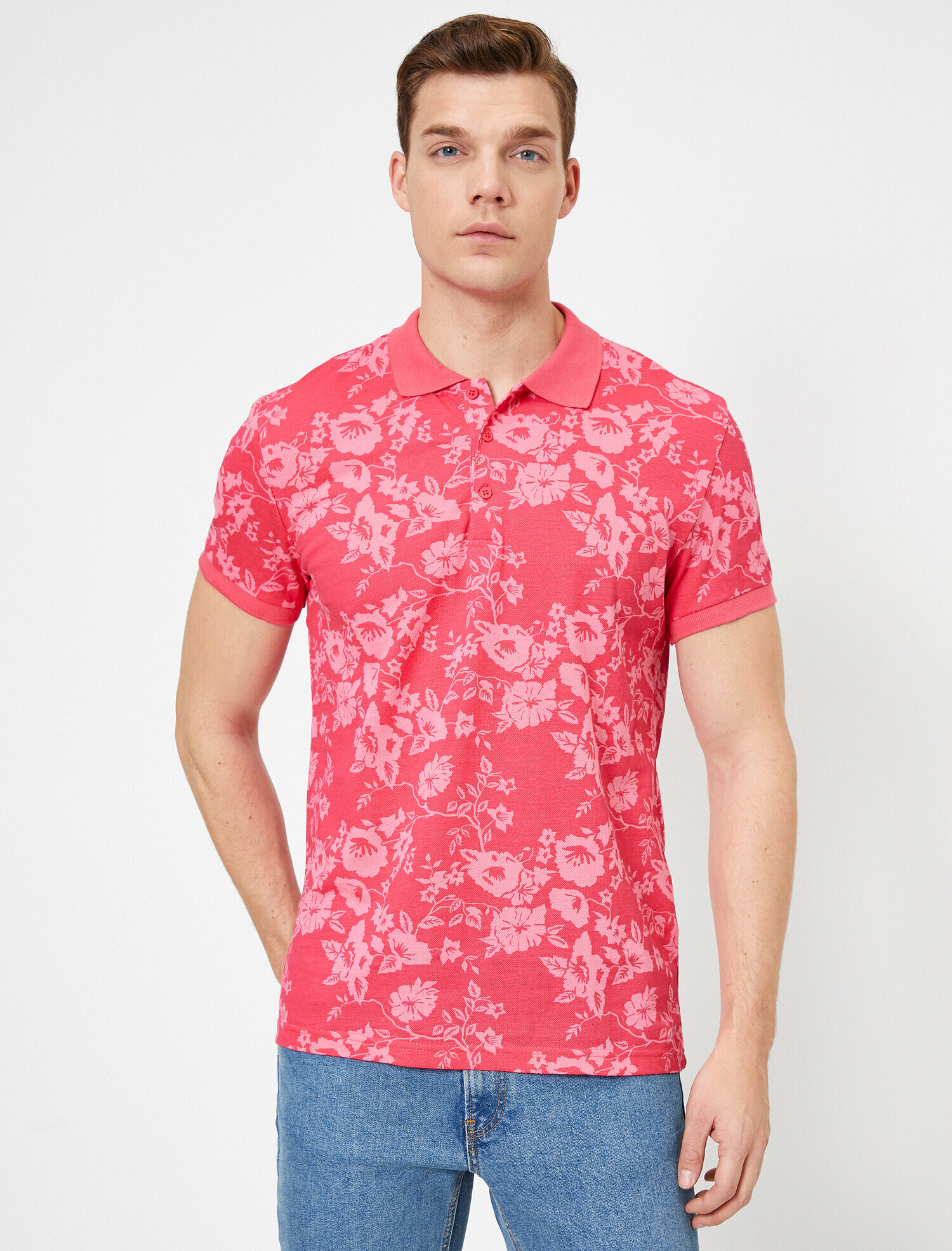   Polo Yaka Çiçek Desenli Pike Kumaş Slim Fit Tişört