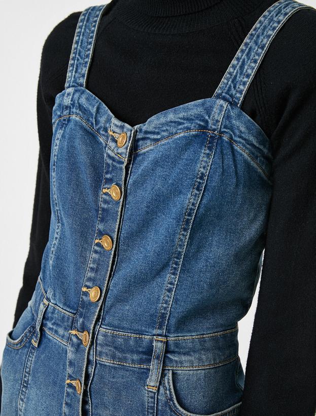   Düğme Detaylı Askılı Cep Detaylı Midi Jean Elbise
