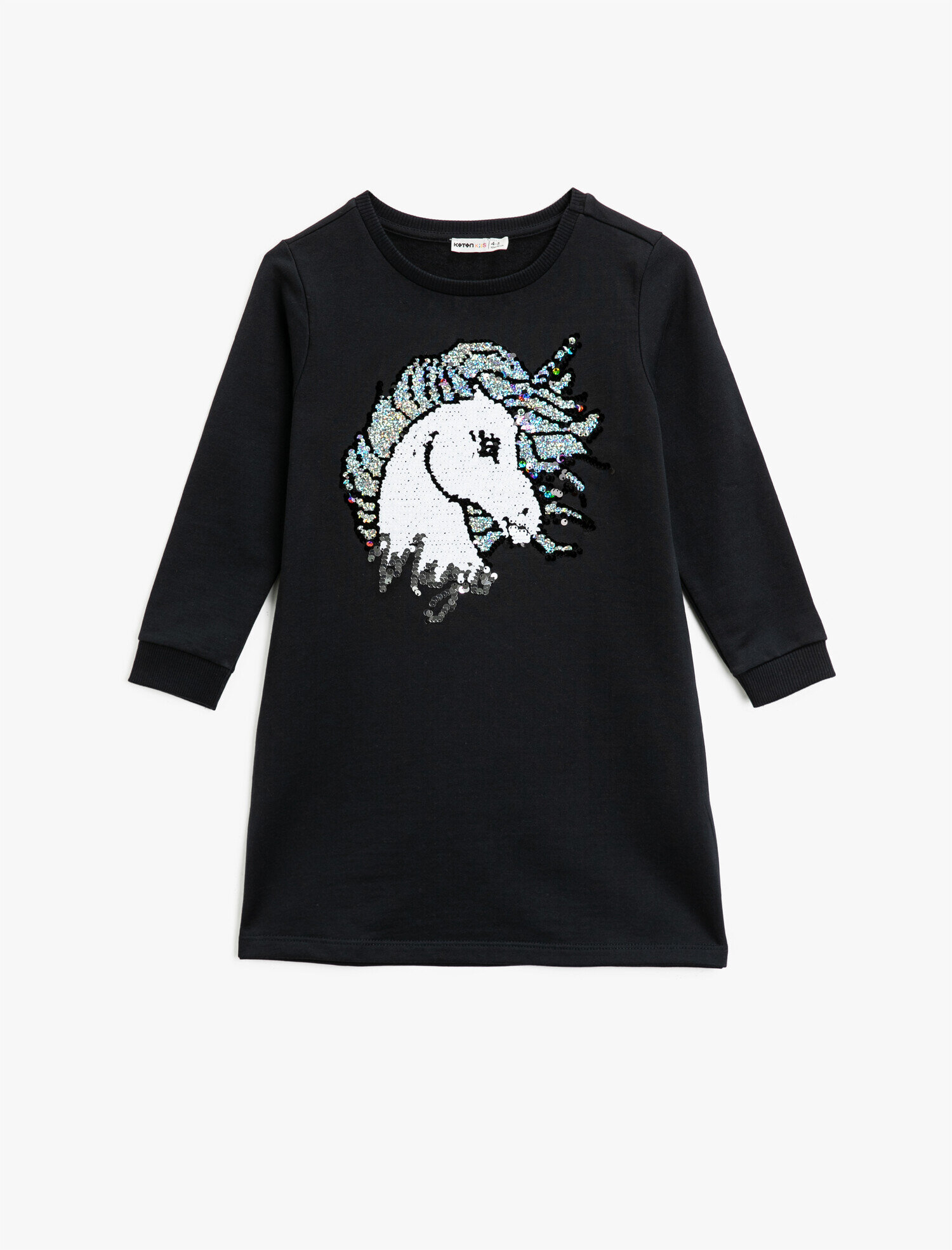  Kız Çocuk Unicorn Çift Taraflı Pullu Uzun Kollu Sweatshirt Kumaşından Orta Boy Elbise