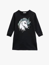 Unicorn Çift Taraflı Pullu Uzun Kollu Sweatshirt Kumaşından Orta Boy Elbise