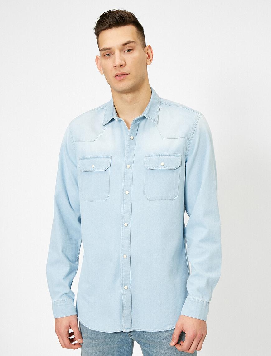   Çift Çepli Çıtçıt Düğmeli Regular Fit Denim Gömlek