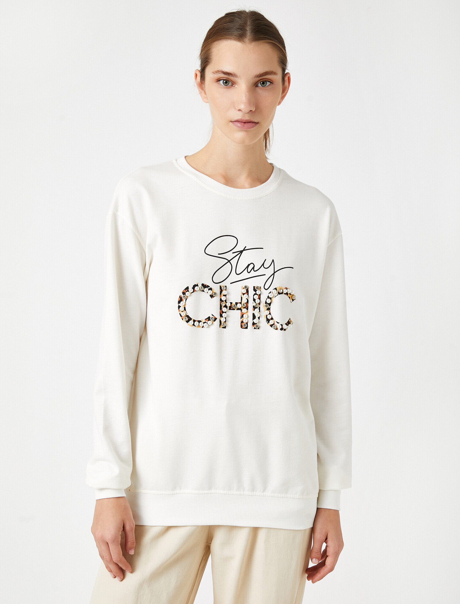Bisiklet Yaka Yazılı Baskılı Taşlı Sweatshirt