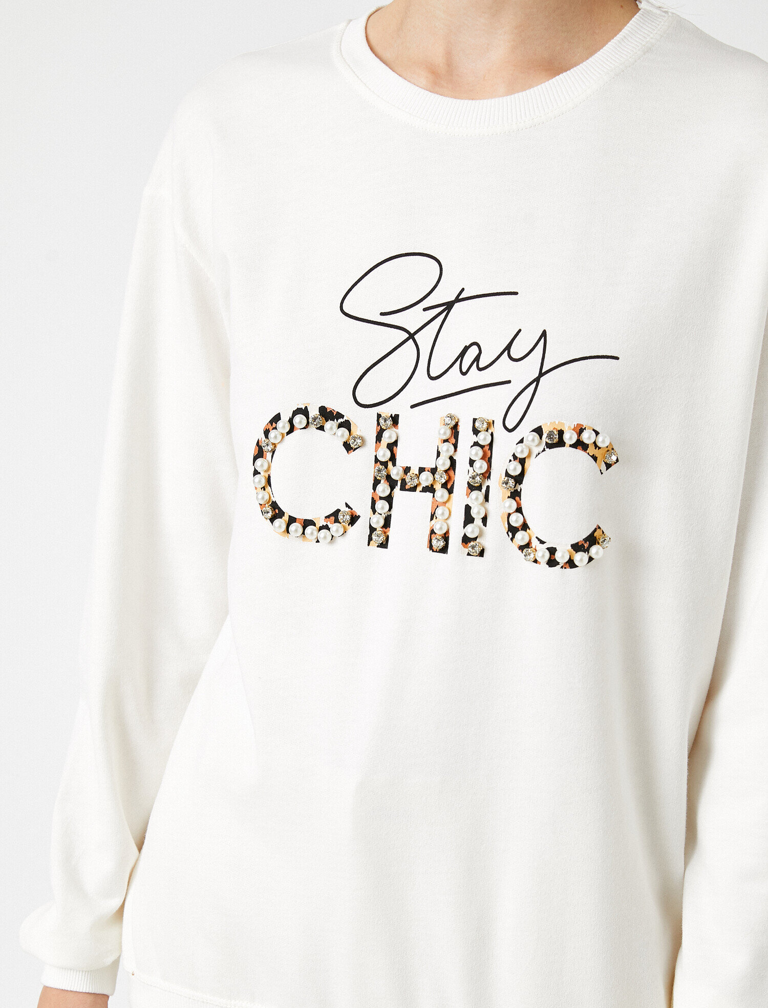 Bisiklet Yaka Yazılı Baskılı Taşlı Sweatshirt