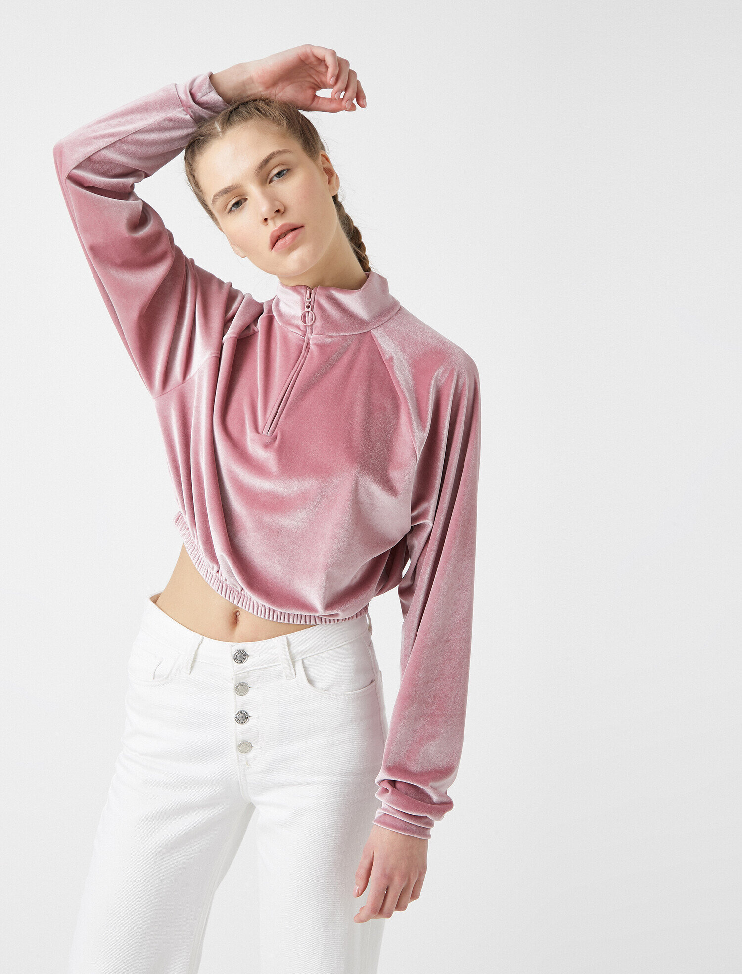   Kadife Dik Yaka Fermuar Detaylı Crop Sweatshirt