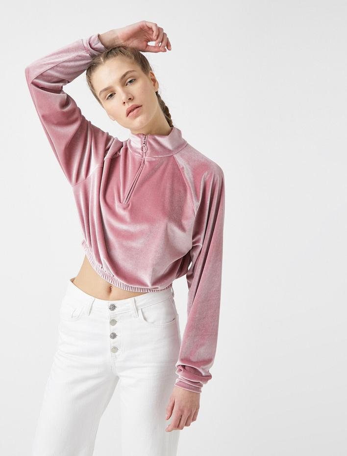  Kadife Dik Yaka Fermuar Detaylı Crop Sweatshirt