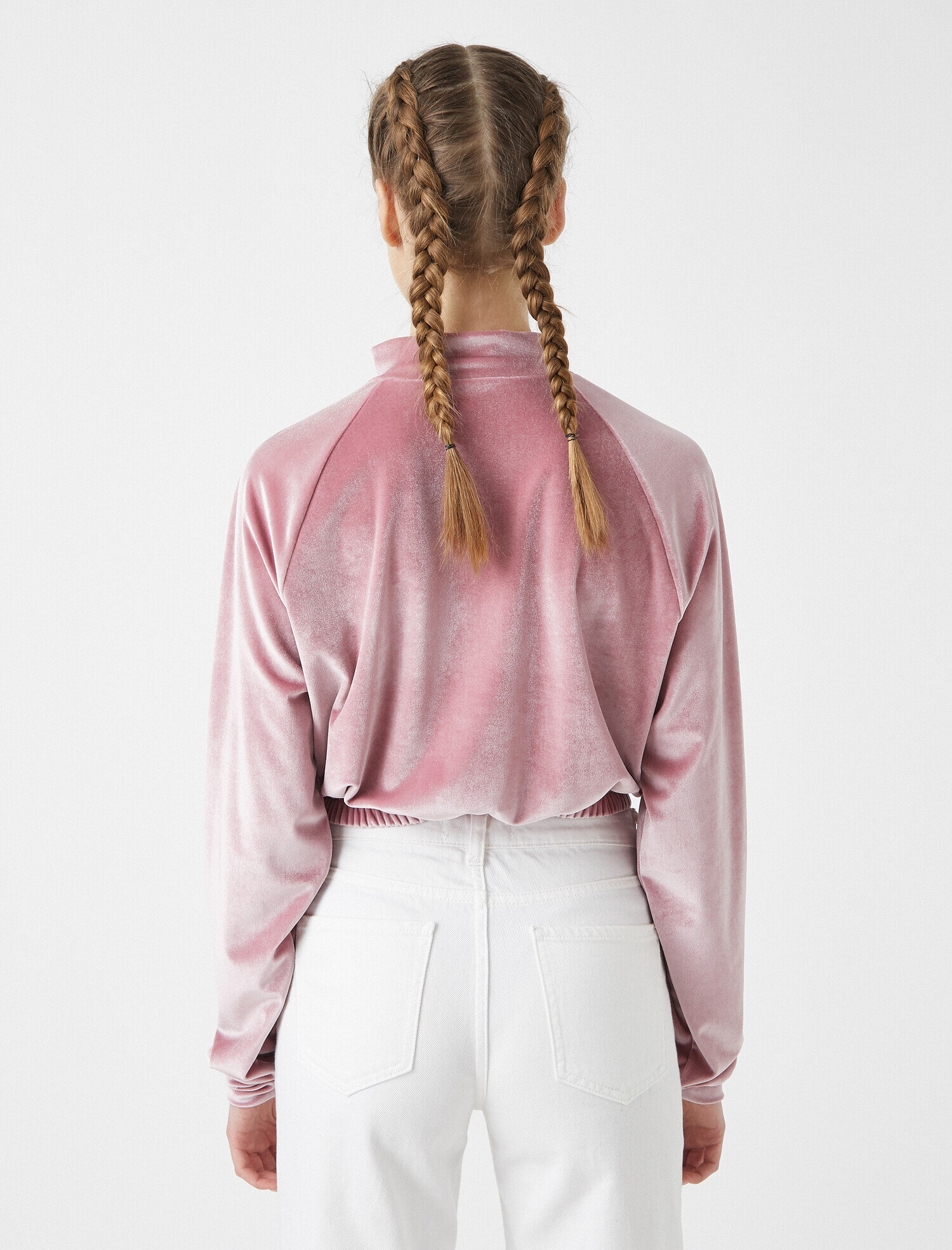   Kadife Dik Yaka Fermuar Detaylı Crop Sweatshirt