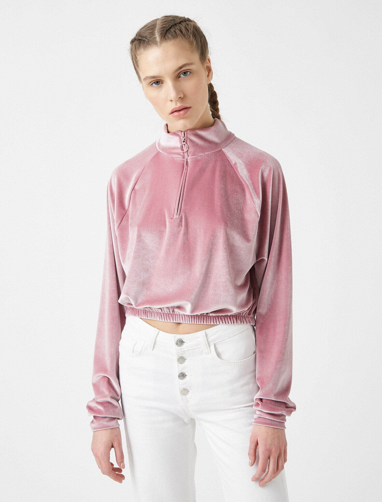   Kadife Dik Yaka Fermuar Detaylı Crop Sweatshirt