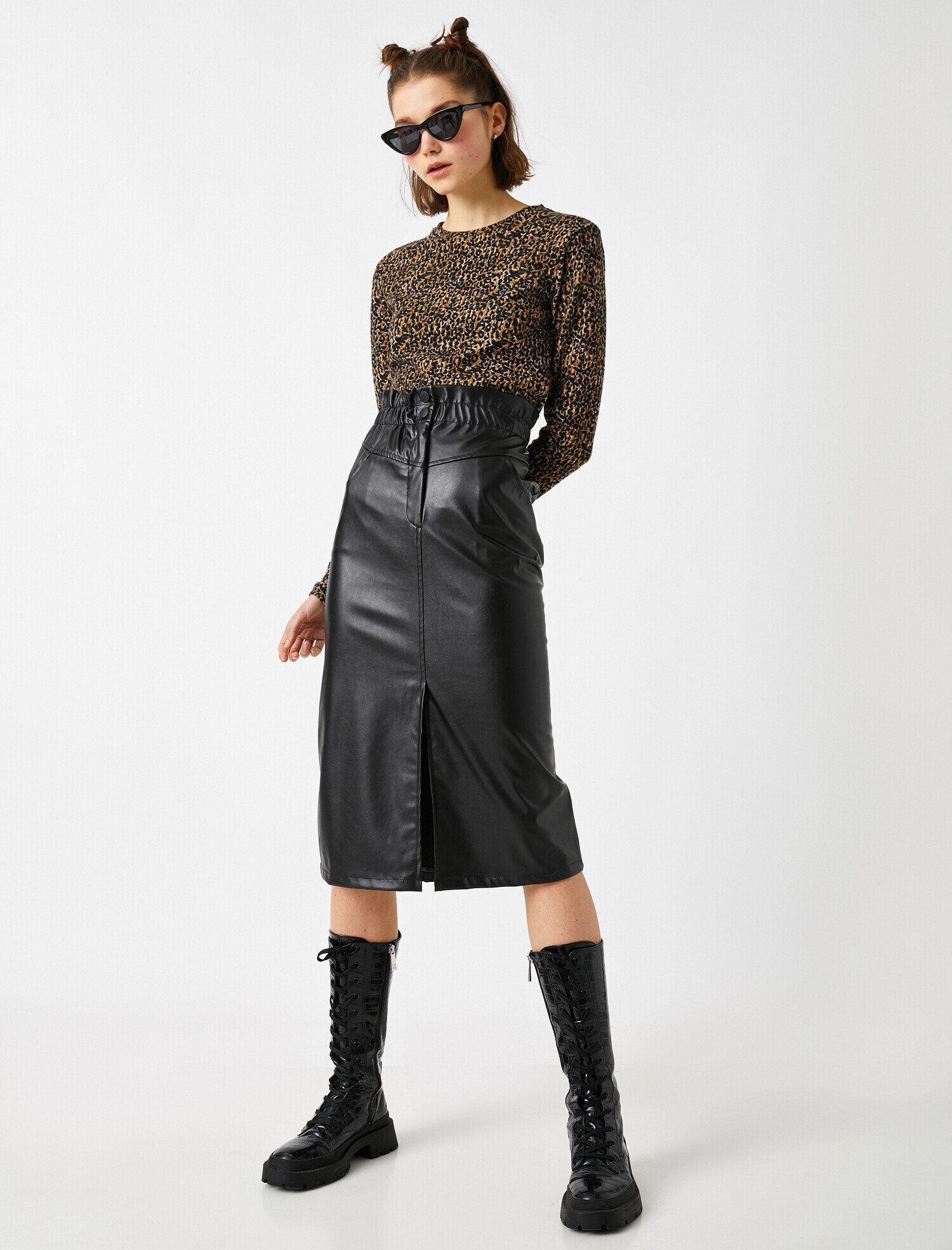   Deri Görünümlü Midi Etek