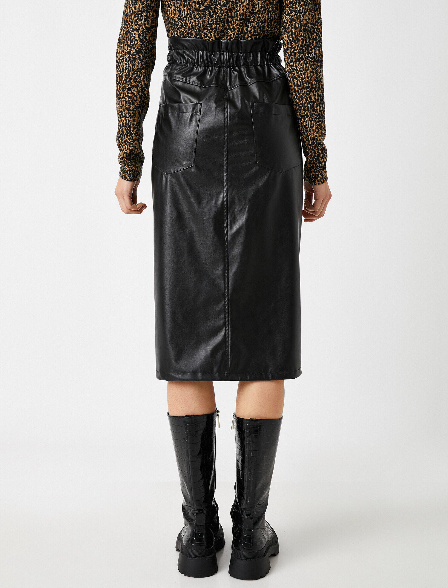   Deri Görünümlü Midi Etek