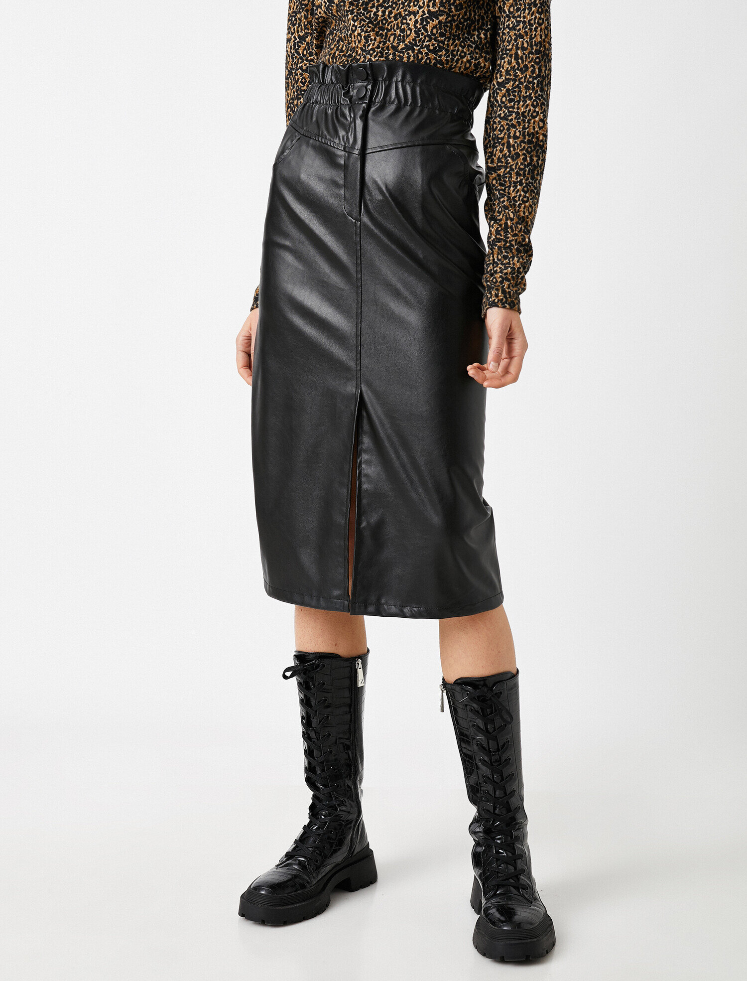   Deri Görünümlü Midi Etek