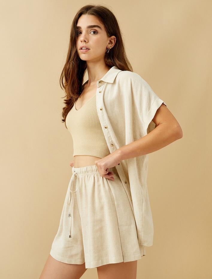  Belden Bağlamalı Şort Keten Karışımlı