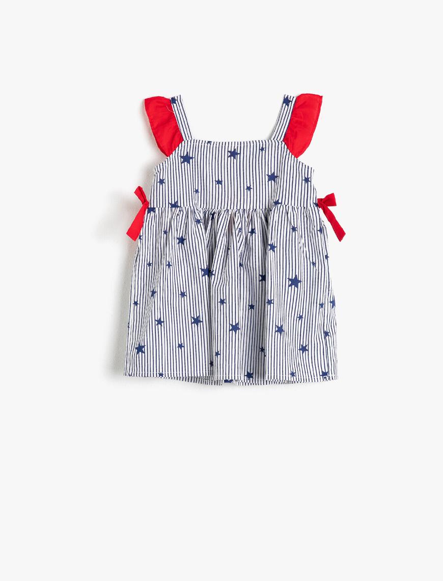  Kız Bebek Askılı Kolsuz İşlemeli Çizgili Elbise