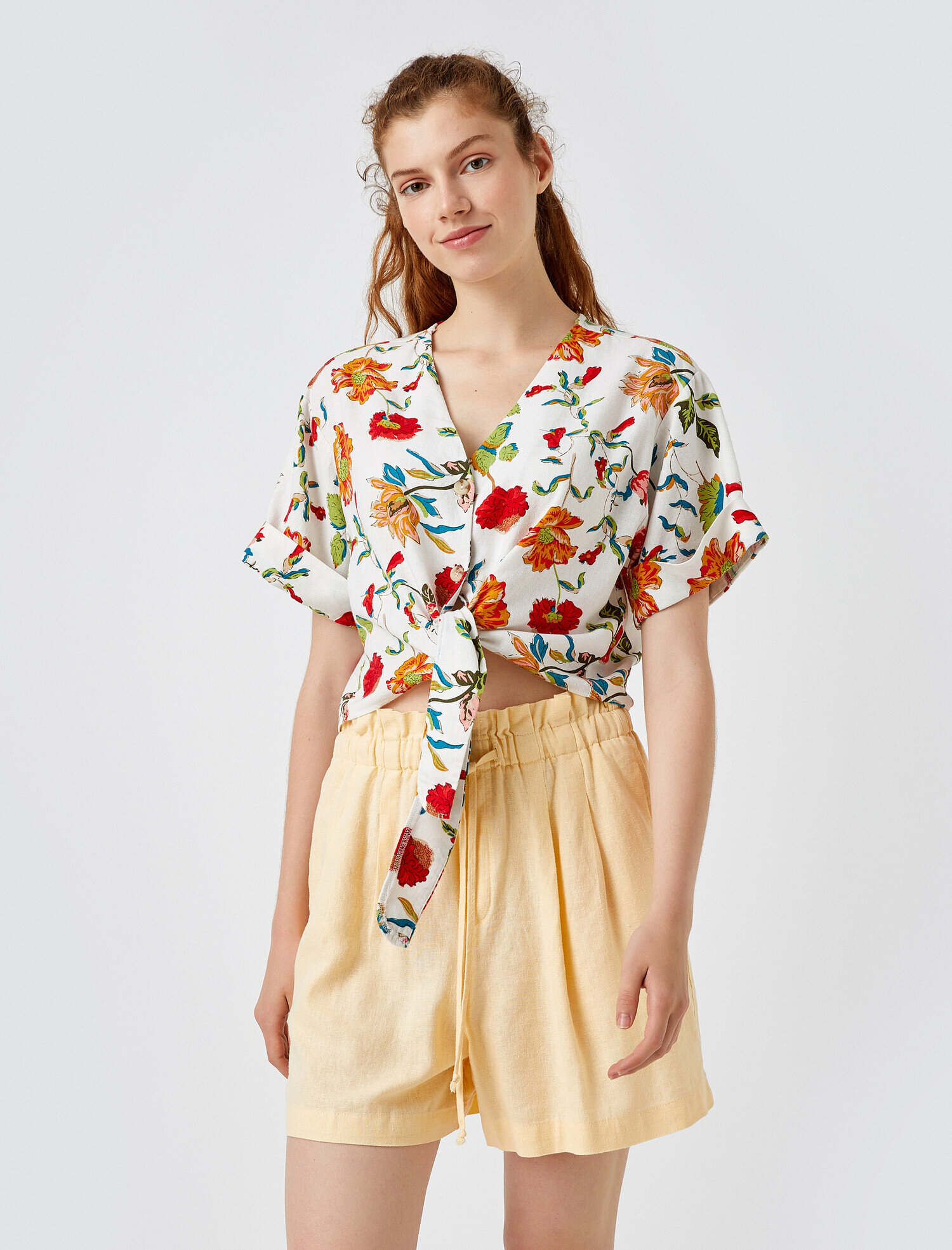   Çiçekli Gömlek Keten Kısa Kollu Belden Bağlamalı