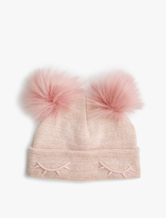 Kız Bebek Pamuklu Ponponlu İşlemeli Bere