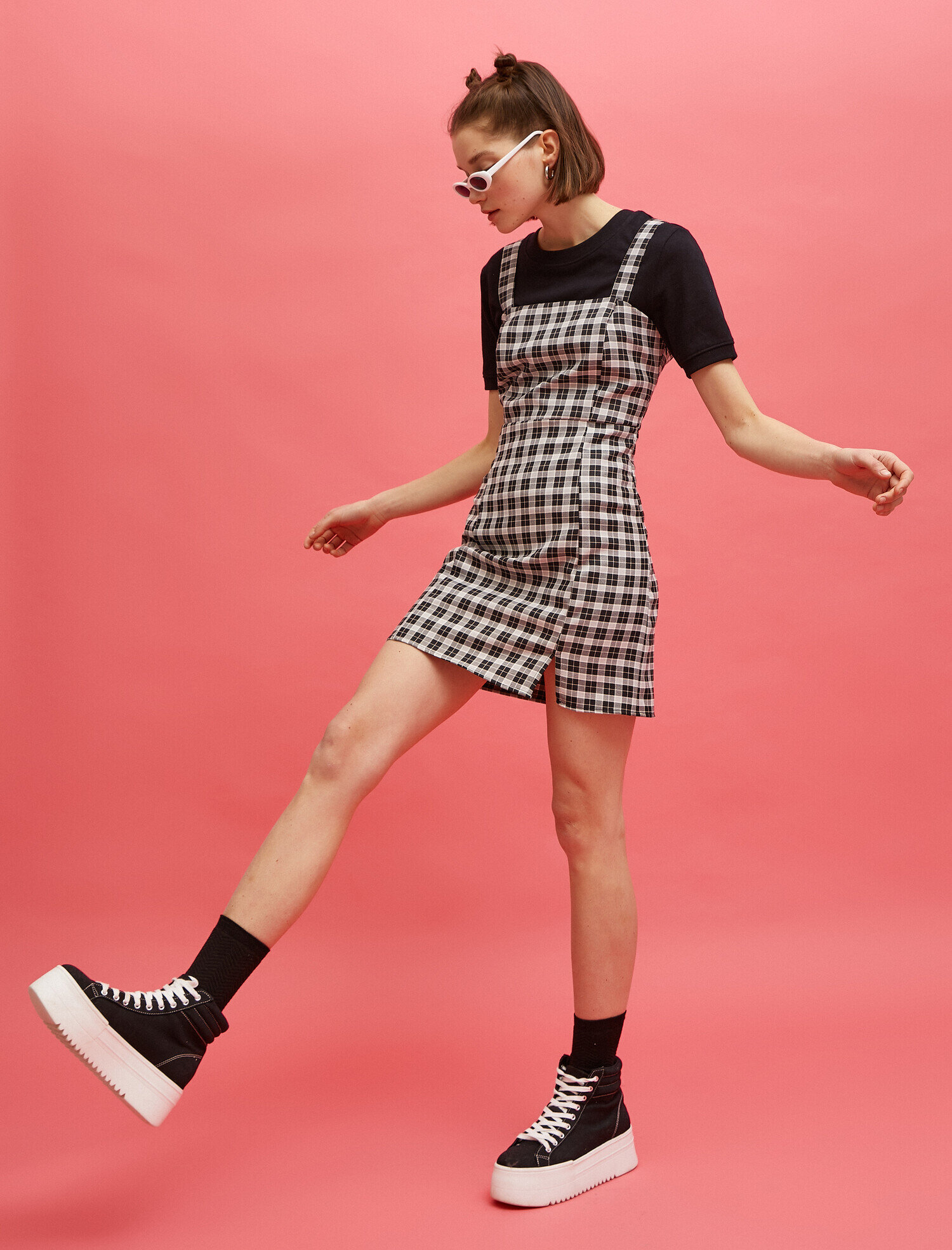   Kareli Mini Elbise Yırtmaç Detaylı