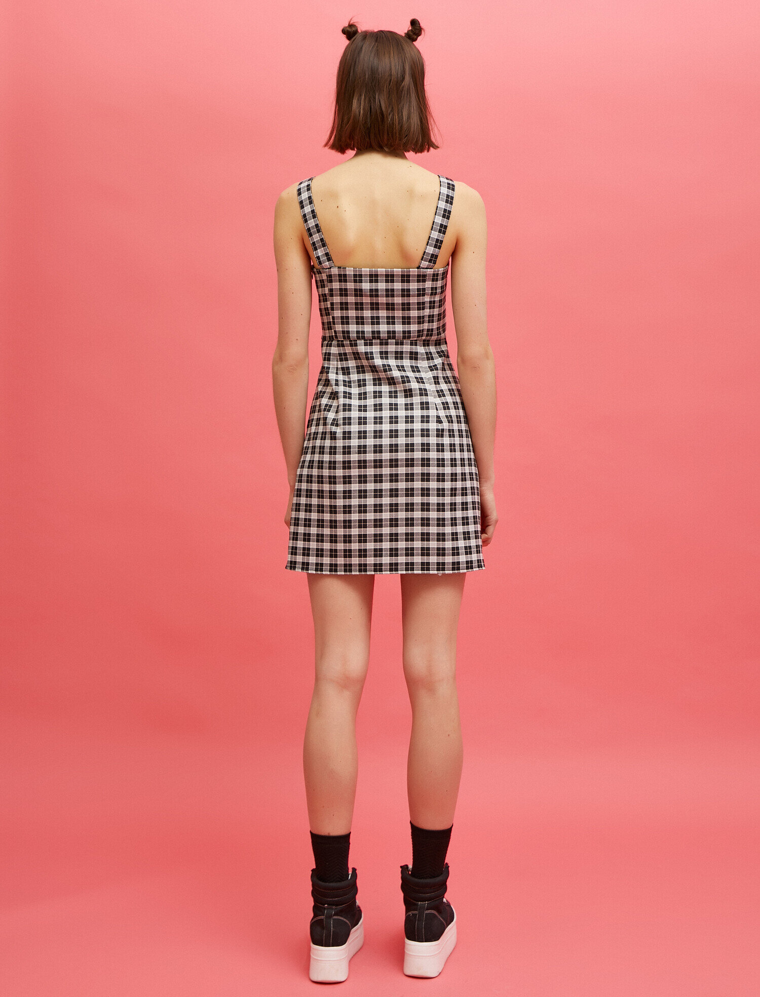   Kareli Mini Elbise Yırtmaç Detaylı