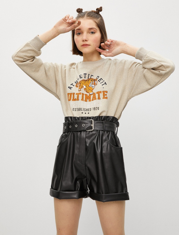  Pamuklu Bisiklet Yaka Yazılı Baskılı Sweatshirt