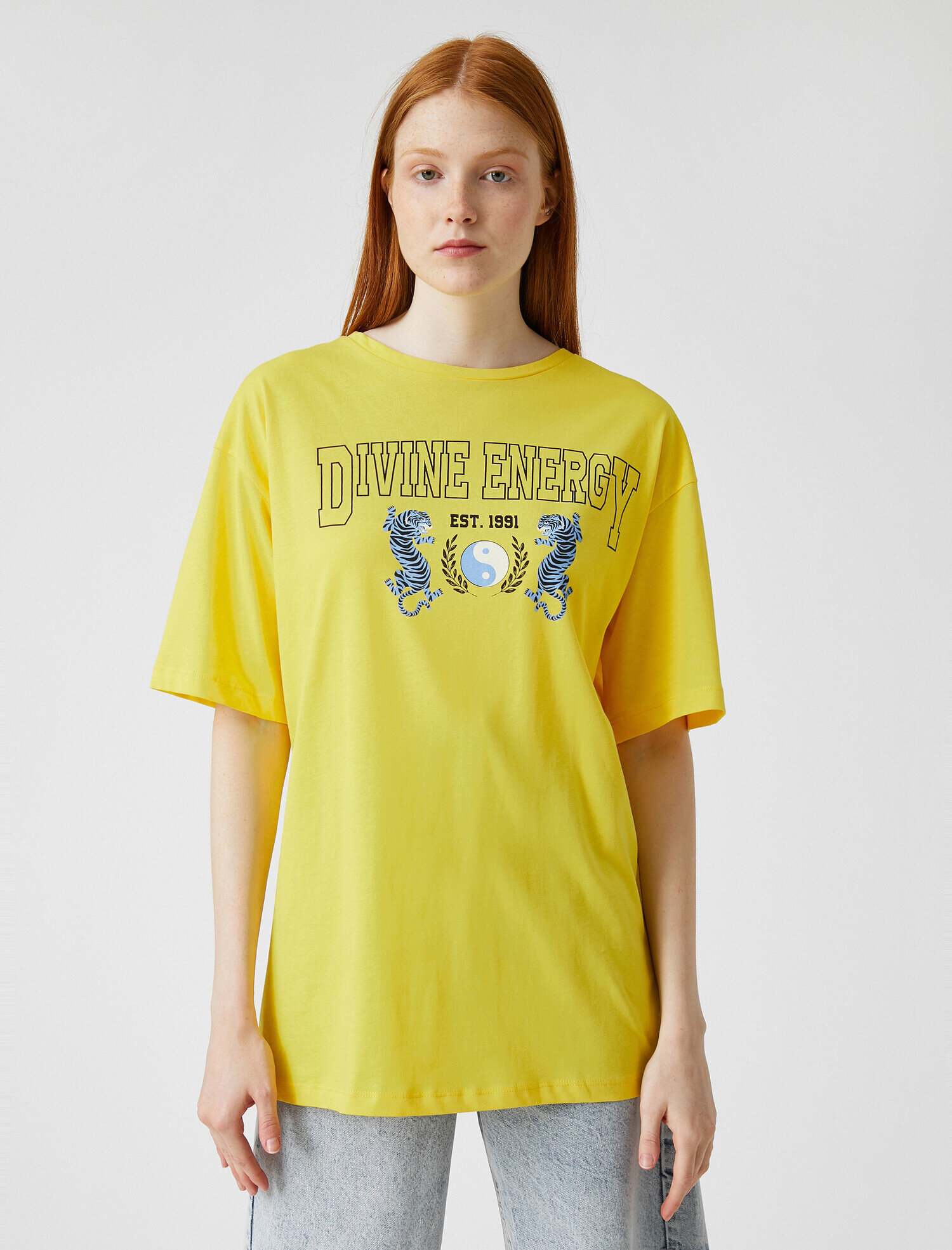   Desenli Tişört Bisiklet Yaka Pamuklu Oversize