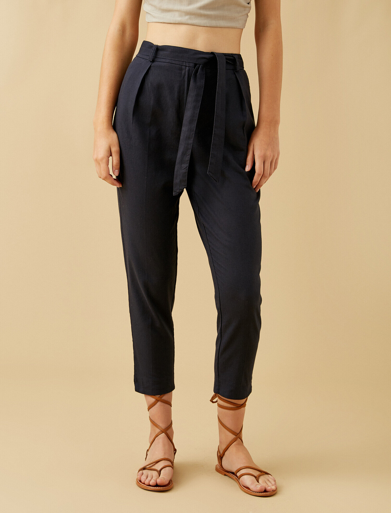   Keten Pantolon Belden Bağlamalı