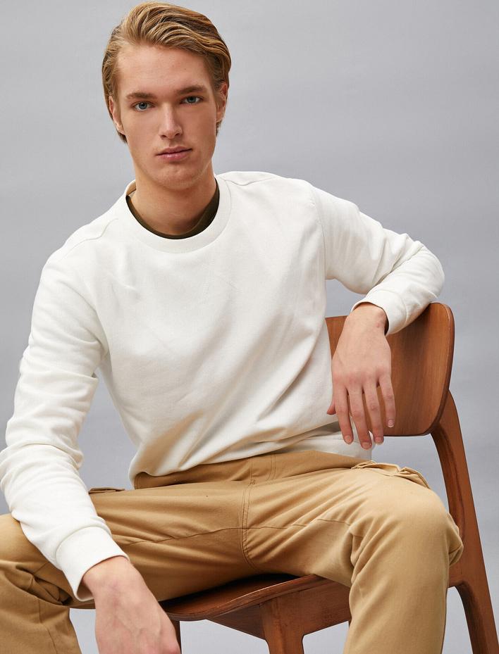  Pamuklu Basic Bisiklet Yaka Uzun Kollu Sweatshirt