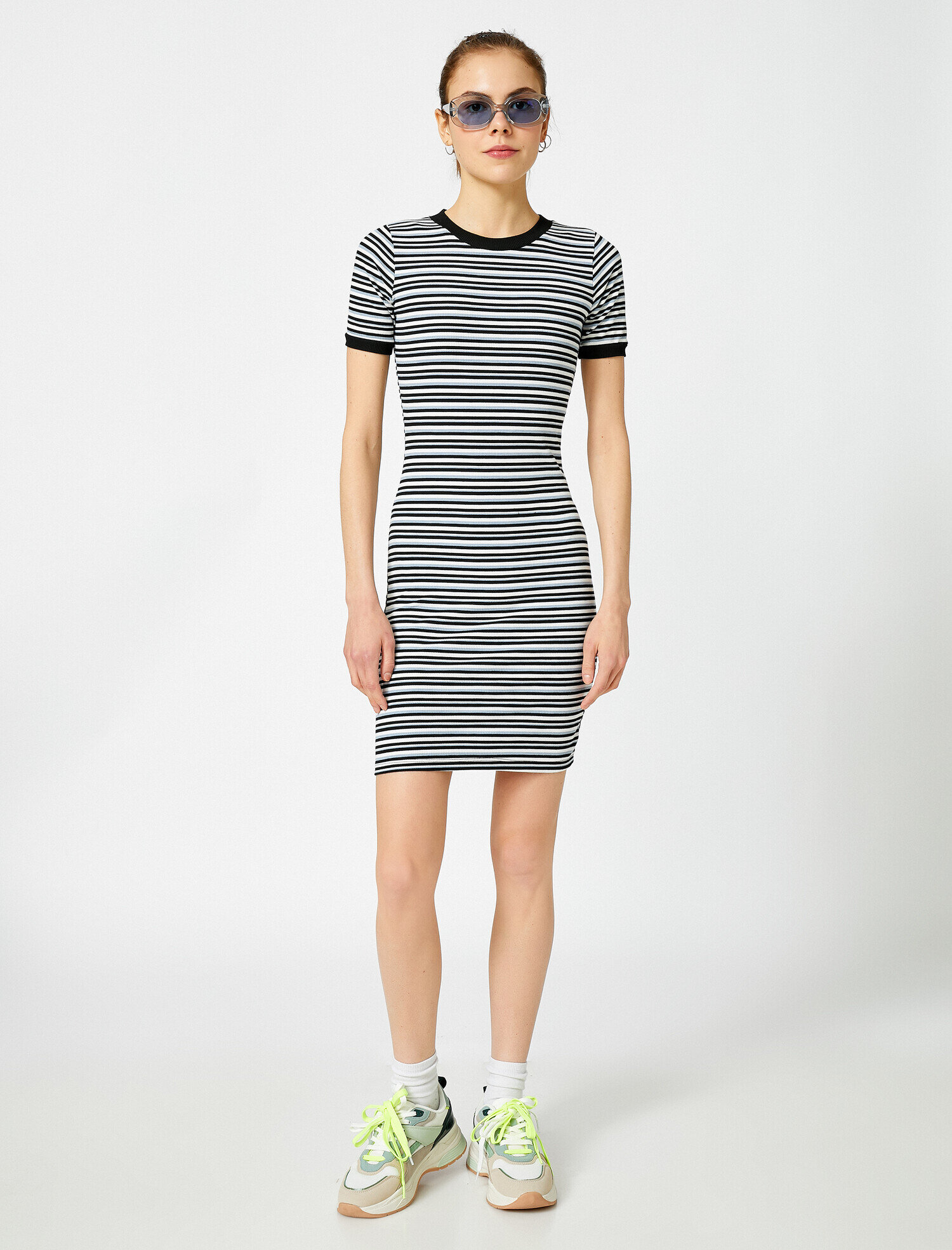   Kısa Kollu Elbise Çizgili Mini