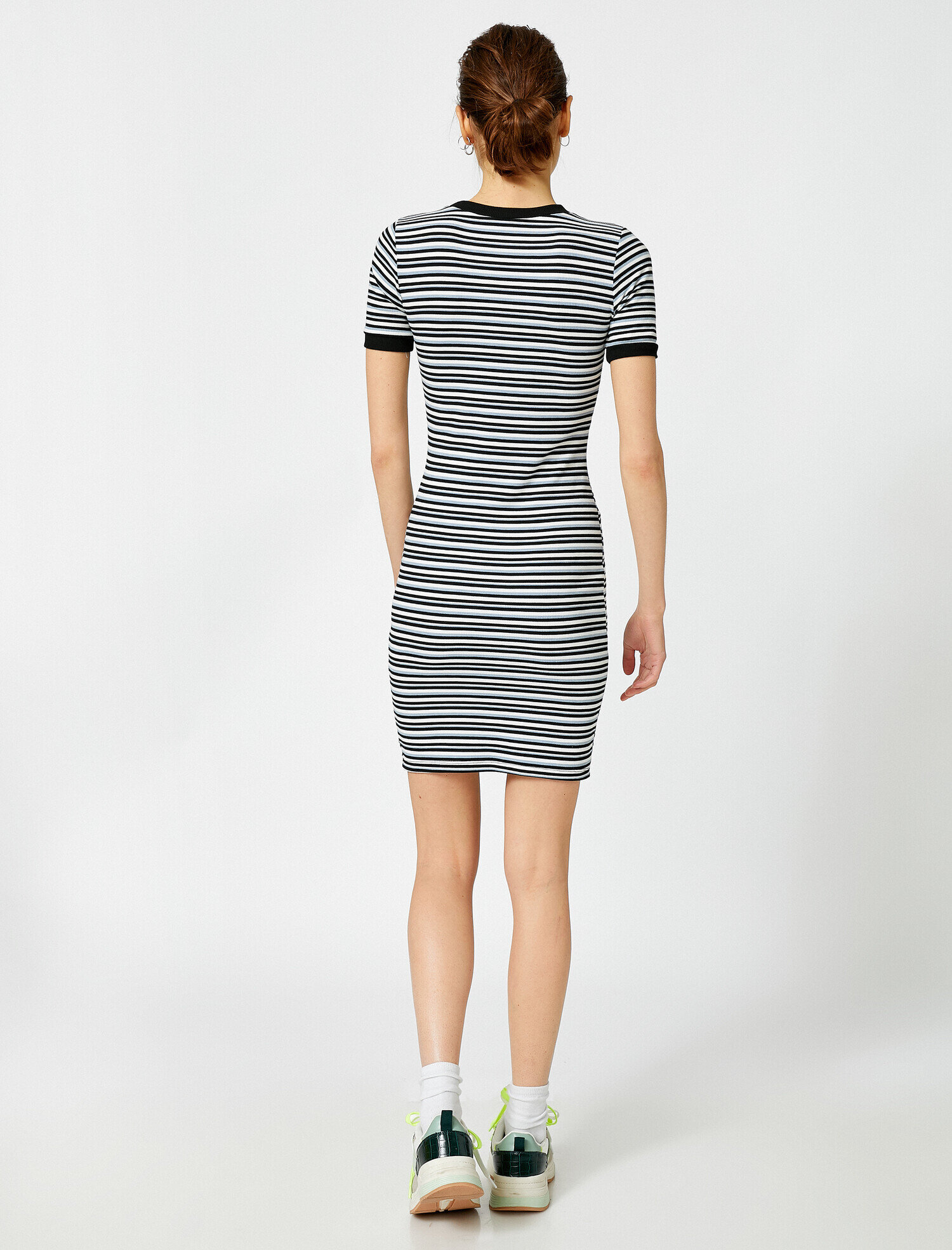   Kısa Kollu Elbise Çizgili Mini