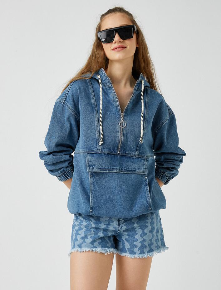  Fermuarlı Cepli Kot Ceket