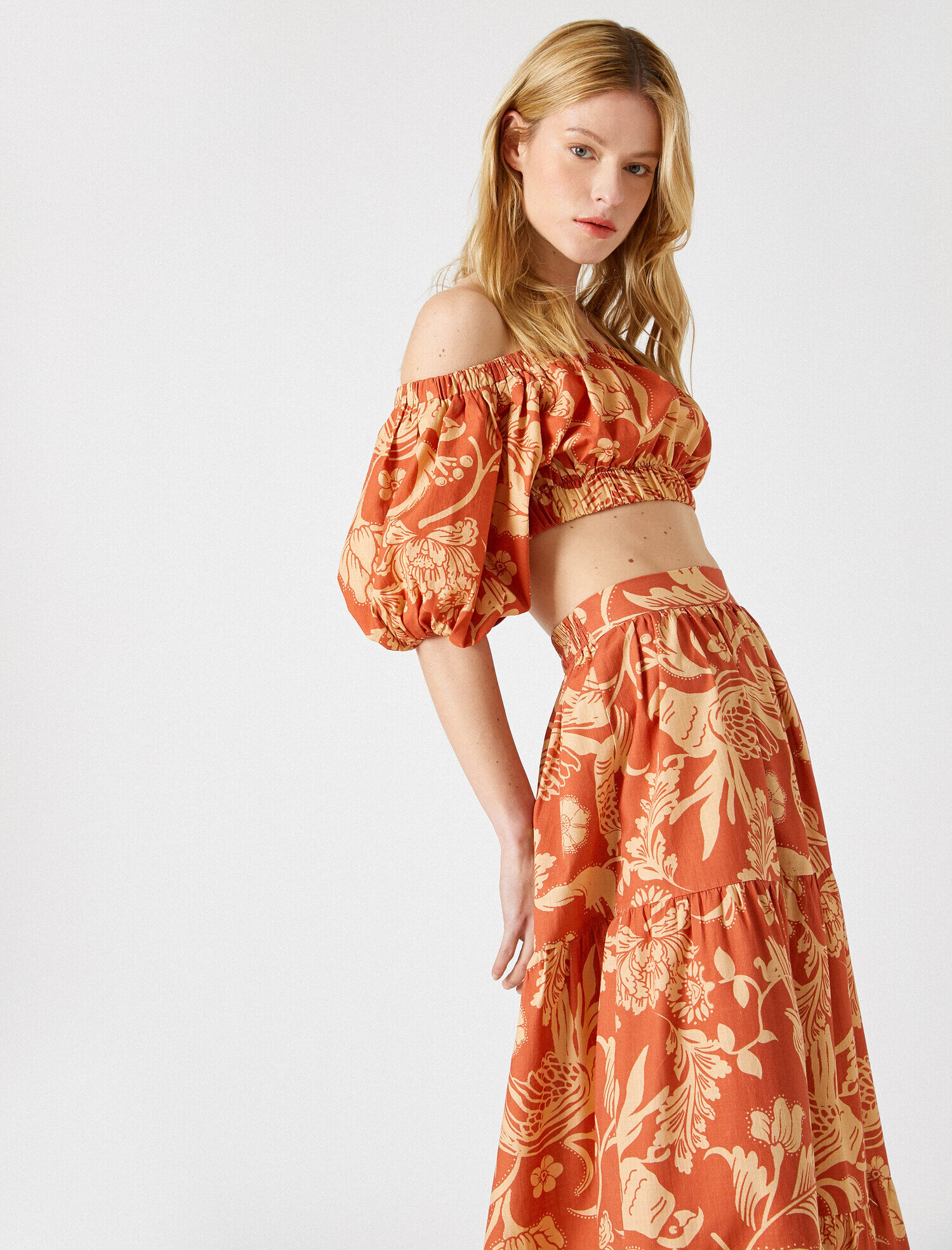   Crop Bluz Desenli Omuz Açık