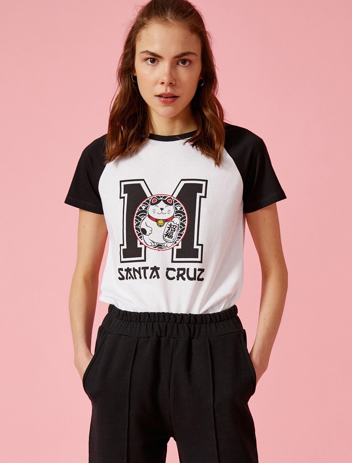  Baskılı Tişört Renk Bloklu Pamuklu